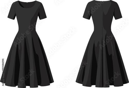 WebElegant dress silhouette, short sleeve design, fitted bodice, pleated flared skirt, fashion garment illustration, apparel icon, wardrobe style, flat vector illustration