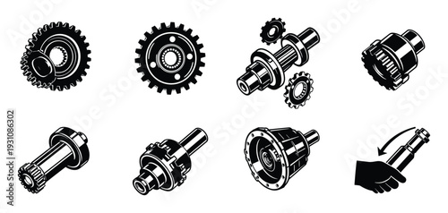 Gear and shaft assembly drawing, mechanical components technical diagram, engineering illustration, parts construction
