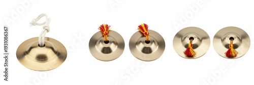 Fotografi Manjira isolated on white background, Indian hand cymbals, मंजीरा, devotional bh