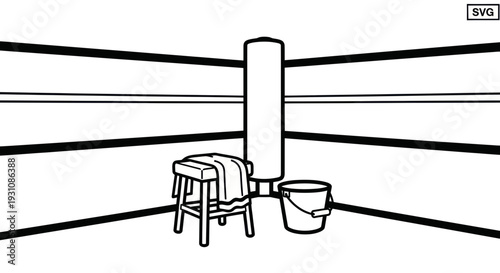 Empty Boxing Ring Corner with Stool, Towel, and Water Bucket