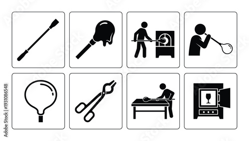 Glassblowing Process Pictograms Set, including tools, glass blower, molten glass, shaping glass, and cooling oven