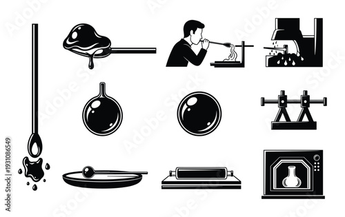 Glassblowing process icons, glass art steps, glassblowing tools and equipment symbols, glass art making stages, craftsmanship