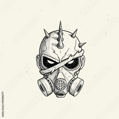 Spiked Gas Mask Skull Illustration - Post-Apocalyptic Punk Grunge Art