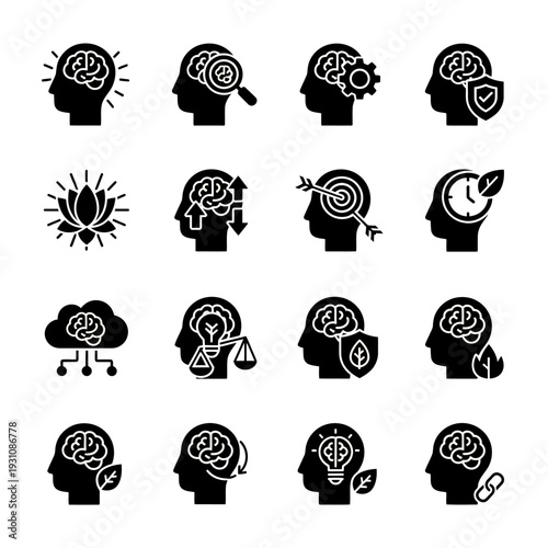 Collection of Icons Representing Human Mind and Cognitive Processes.