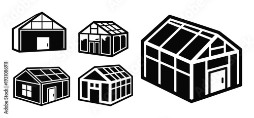 Greenhouse vector icons, greenhouses buildings, various styles architecture, black and white drawing illustrations