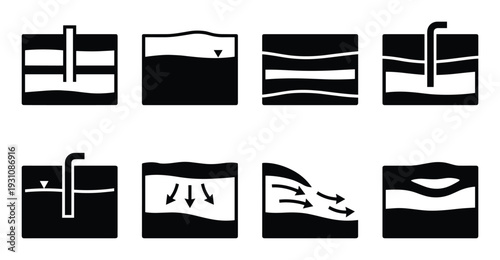 Groundwater flow diagram, showing well, water table, infiltration and flow path illustration in black and white