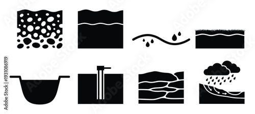 Groundwater diagram set with water sources, infiltration, runoff, and water table. Vector illustrations.