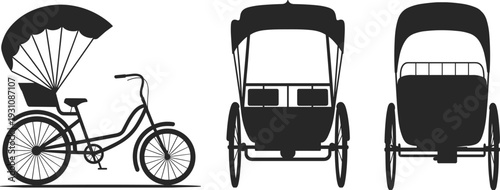 Black silhouette vector illustration of a traditional cycle rickshaw from side front and back view isolated on white background for Asian travel design projects