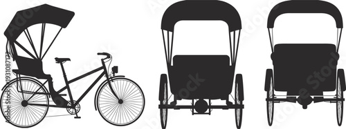 Black Silhouette Vector Illustration of a Traditional Asian Cycle Rickshaw showing Side Front and Back Views Isolated on a Plain White Background