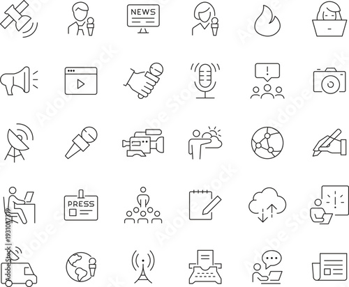 Journalism and Media Line Icons Set with News Reporting, Broadcasting, Communication, Press and Digital Media Editable Stroke Vector Collection
