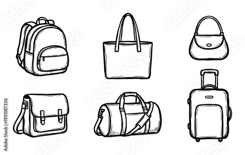 Hand-drawn collection of bags, backpack, tote, purse, satchel, duffel, and suitcase for travel, school, and everyday use