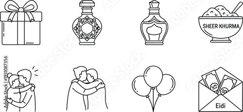 Collection of Eid celebration icons including gift box perfume bottles Sheer Khurma hugs balloons and money envelope for Islamic holiday design