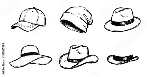 Hand-drawn set of diverse hat sketches, including baseball cap, beanie, fedora, sun hat, cowboy hat, and bowler, in black and white