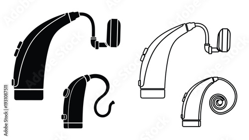 Hearing aid types outline vector illustration of BTE, RIC, and ITE styles for hearing solutions and auditory assistance.