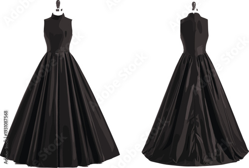 Elegant Black Sleeveless Evening Gown Illustration Front and Back View on Mannequin for Fashion Design Luxury Formal Ballgown Silhouette Isolated on White Background