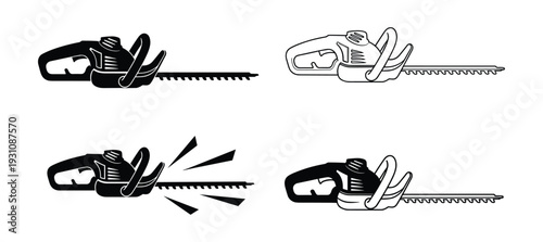 Hedge trimmer icons, illustrating garden tool in solid and outline styles, including cutting action representation.