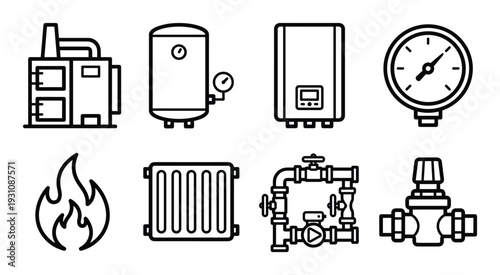 Heating system icons: boiler, radiator, manometer, pipes and fire isolated on white background