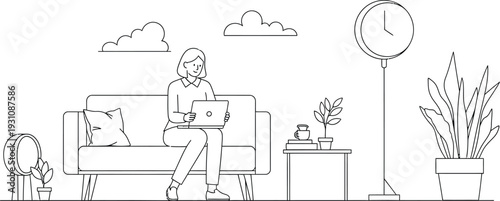Woman working on a laptop from a comfortable home office a minimalist line art illustration perfect for remote work freelance and modern lifestyle concepts
