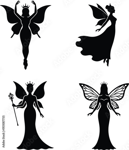 Elegant collection of black fairy silhouettes with butterfly wings and crowns wearing long dresses and holding magic wands isolated on a white background