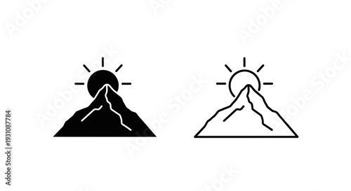 Mountain peaks under sunrise in black and white line art Vector
