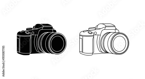 Camera illustrations: black and white line drawings compared side by side Vector