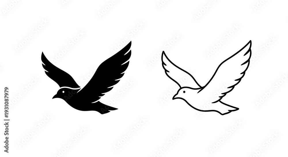 Fototapeta premium Black and white illustration of two flying doves side by side Vector