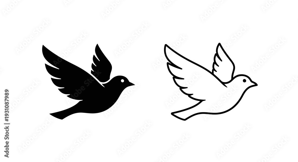 Fototapeta premium Black and white doves in flight side by side illustration Vector