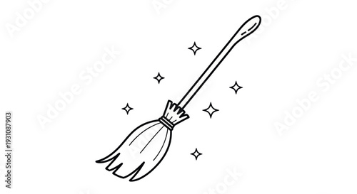 Hand-drawn witch broomstick with sparkling stars, simple doodle illustration