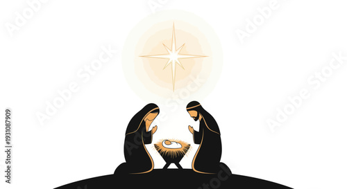 Nativity Scene: Mary, Joseph, and Baby Jesus under the Star of Bethlehem