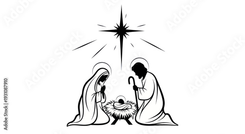 Nativity Scene Silhouette: Mary, Joseph, Baby Jesus, and Star of Bethlehem
