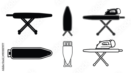 Ironing board vector set, various views, flat, standing, and with an iron, outlines, isolated on white background.