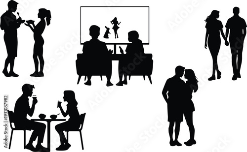Romantic young couple silhouettes set featuring daily lifestyle activities like dining together, watching television, walking hand in hand, and sharing intimate affectionate moments at home