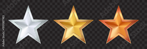 Gold Silver and Bronze Star Icons with Metal Frame for Feedback and Rating – Realistic Metallic Award Badge Vector Illustration
