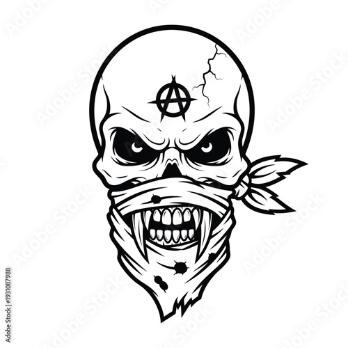 Anarchy Punk Skull with Bandana and Fangs Vector Illustration