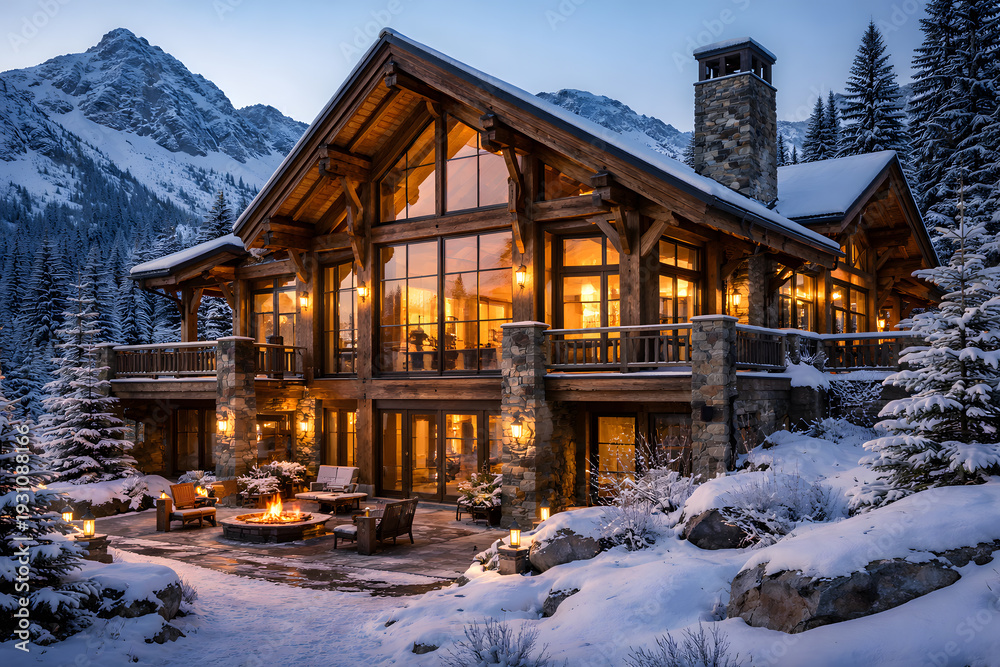 Fototapeta premium Cozy Alpine Cabin at Dusk