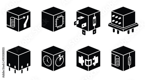 Isometric Cubes with Electronic Components Icons Set Illustration