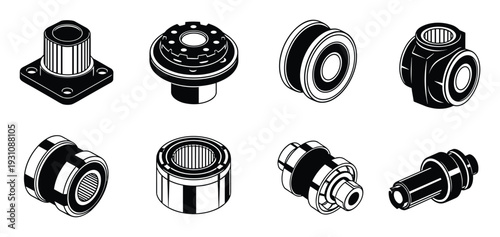Isometric illustration of eight mechanical components, engineering parts, machine elements, manufacturing.
