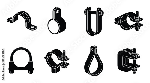 Isometric pipe clamps collection, metal fasteners for pipes and tubing supports in eight various styles, isolated.