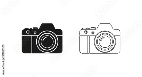 Camera illustration with black and white line art designs compared Vector