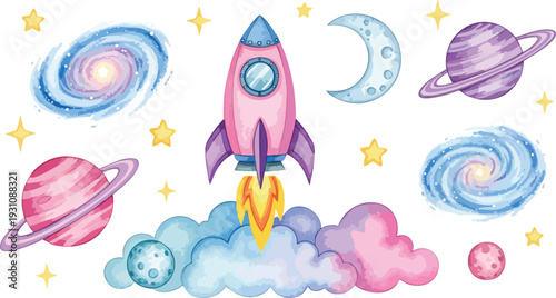 Cosmic Odyssey: A whimsical watercolor illustration showcases a rocket ship soaring through a dreamy cosmos, surrounded by planets, galaxies, moons, and stars.