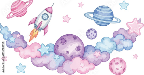 Cute Watercolor Space Elements Set with Rocket, Planets, Stars, and Clouds Vector