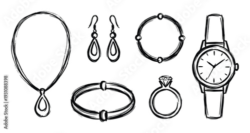 Jewelry Collection Sketch, Necklace, Earrings, Bracelets, Ring, Watch Accessories, Hand-Drawn Style