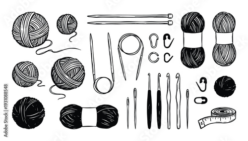 Knitting and crochet supplies vector illustration. Yarn balls, needles, hooks, safety pins, and tape measure collection
