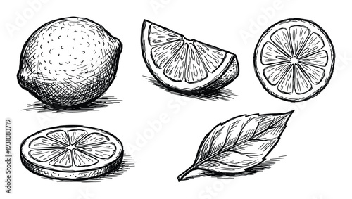 Lemon sketches with slice, segment and leaf, realistic ink drawing of citrus fruits, monochrome still life illustration.