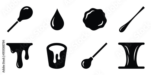 Liquid drops and spills vector set. Collection of paint drips, blobs, and splatters in simple black silhouette style.