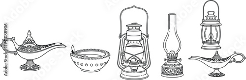 Collection of vintage oil lamps and Aladdin lamps hand-drawn line art illustrations for historical or fantasy themes isolated on white