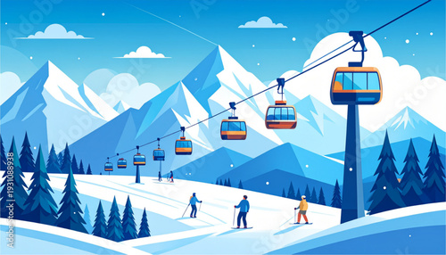 A vibrant winter scene featuring a ski lift and mountain activities amidst snowy peaks isolated on transparent background