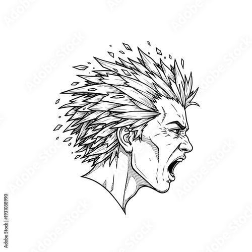 Fury Unleashed: Stylized Man Yelling with Exploding Hair Line Art Illustration
