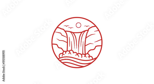Minimalist Waterfall Icon with Sun and Birds in a Circle