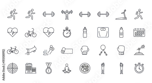 Fitness and Health Icons Set: Running, Dumbbells, Yoga, Gym, Stopwatch, Bicycle